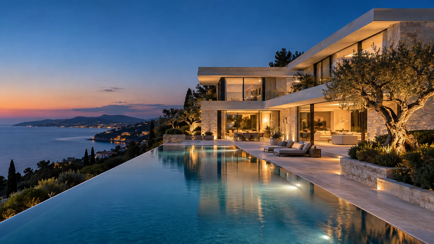 Vue d’ambiance d’une villa contemporaine avec piscine au crépuscule