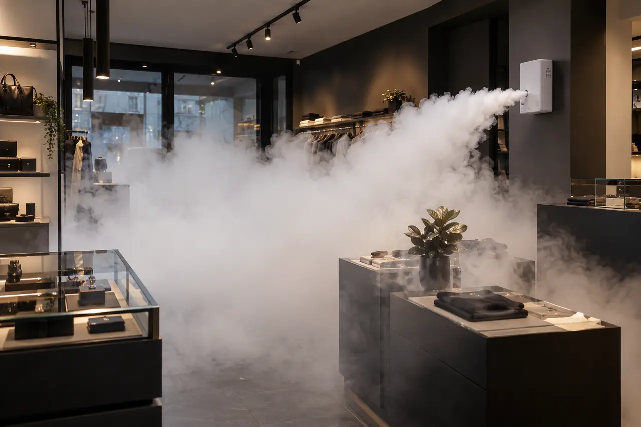 Illustration d’un générateur de brouillard de sécurité diffusant dans un commerce